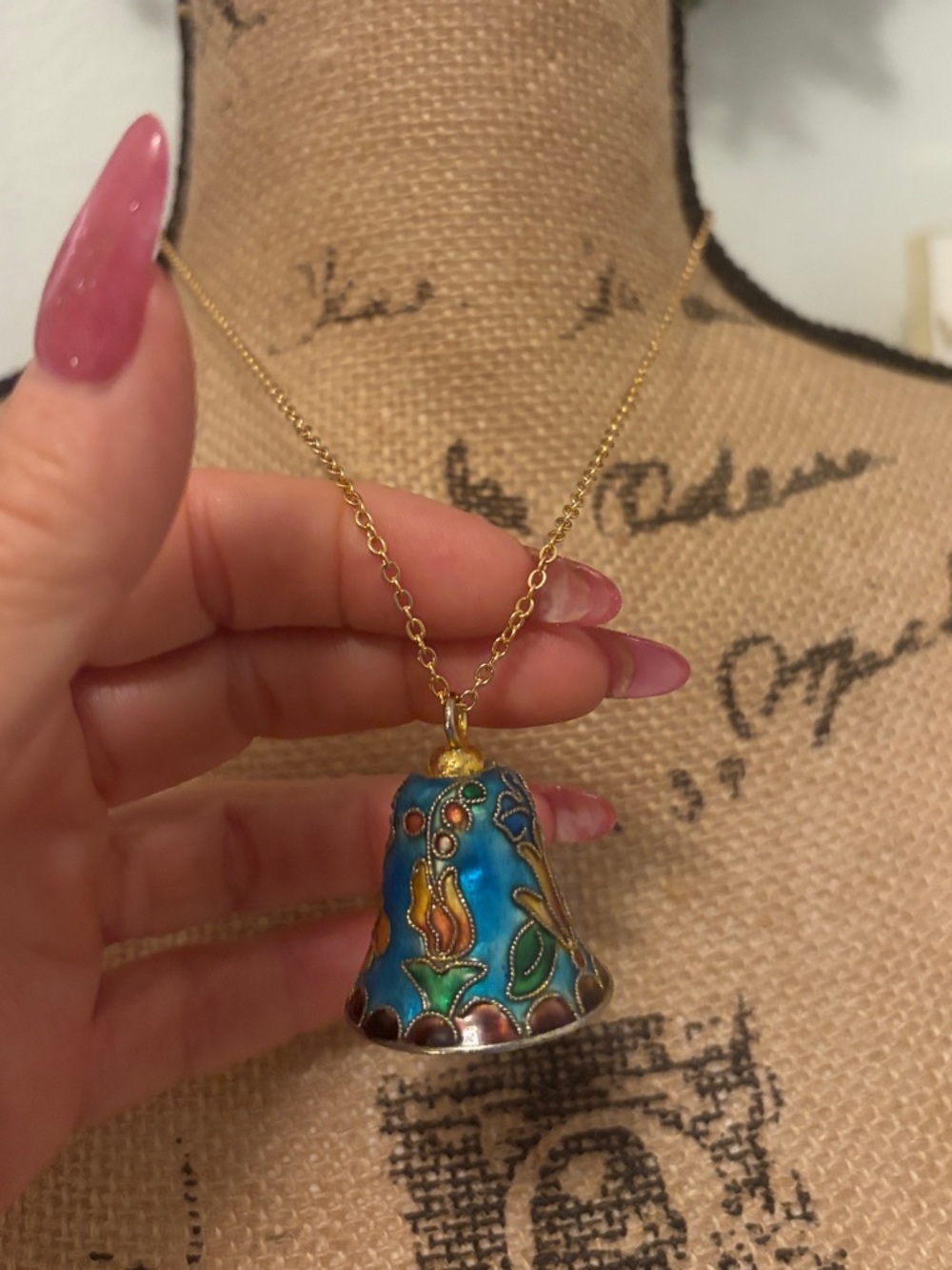 ADORABLE Gold Chain Necklace with Blue Cloisonné Bell Pendant